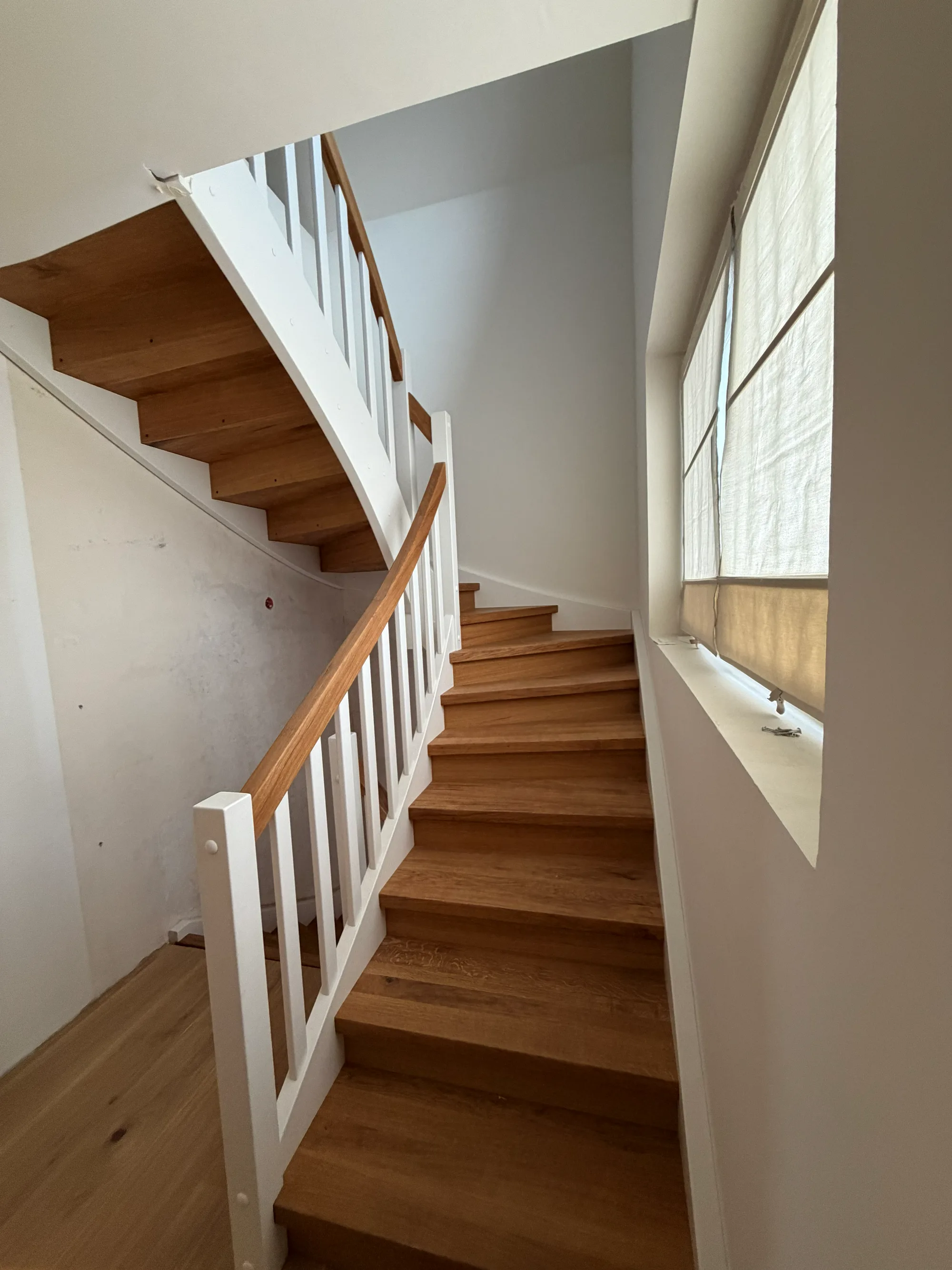 Blick von unten in eine gewendelte Treppe mit Eichenstufen und weißer Wange